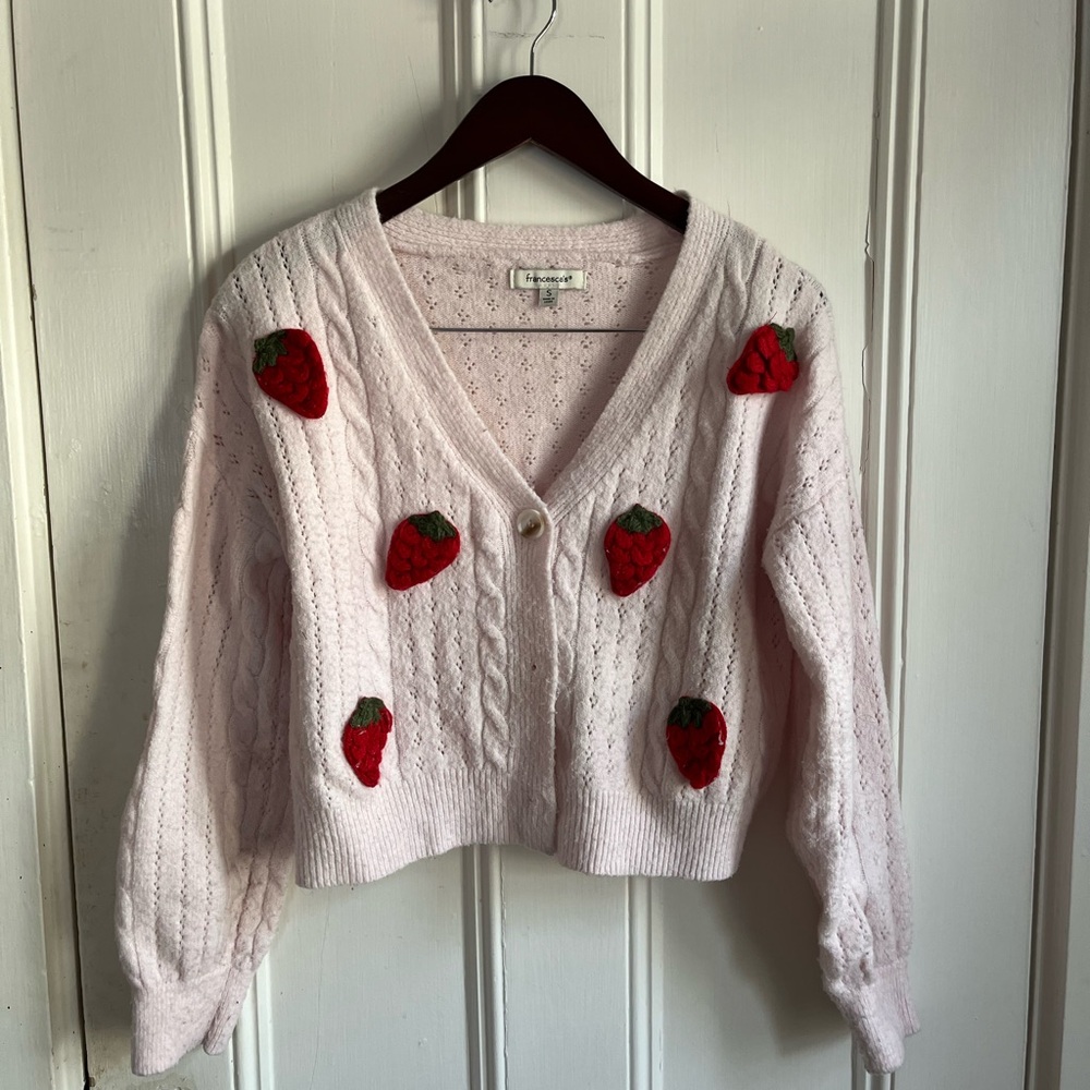 Francesca's Collections Light Pink Strawberry Cardigan